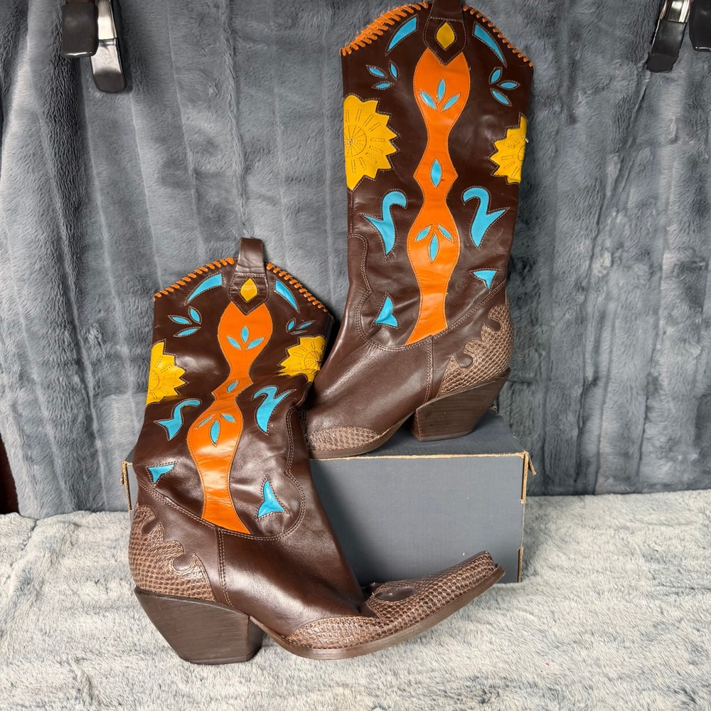 BCBGirls Western Boots Womens 10 Brown Leather Sunflower Snake Print Pointed Toe